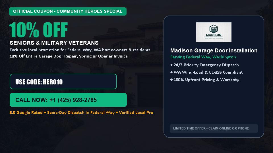 Madison Garage Door Installation 10% OFF Seniors & Military Veterans in Federal Way, WA